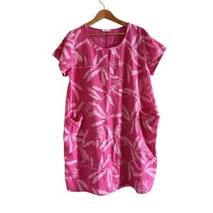 Three Stars Italy Hot Pink Cotton Linen Floral Leaf Shift Dress Pockets Size L